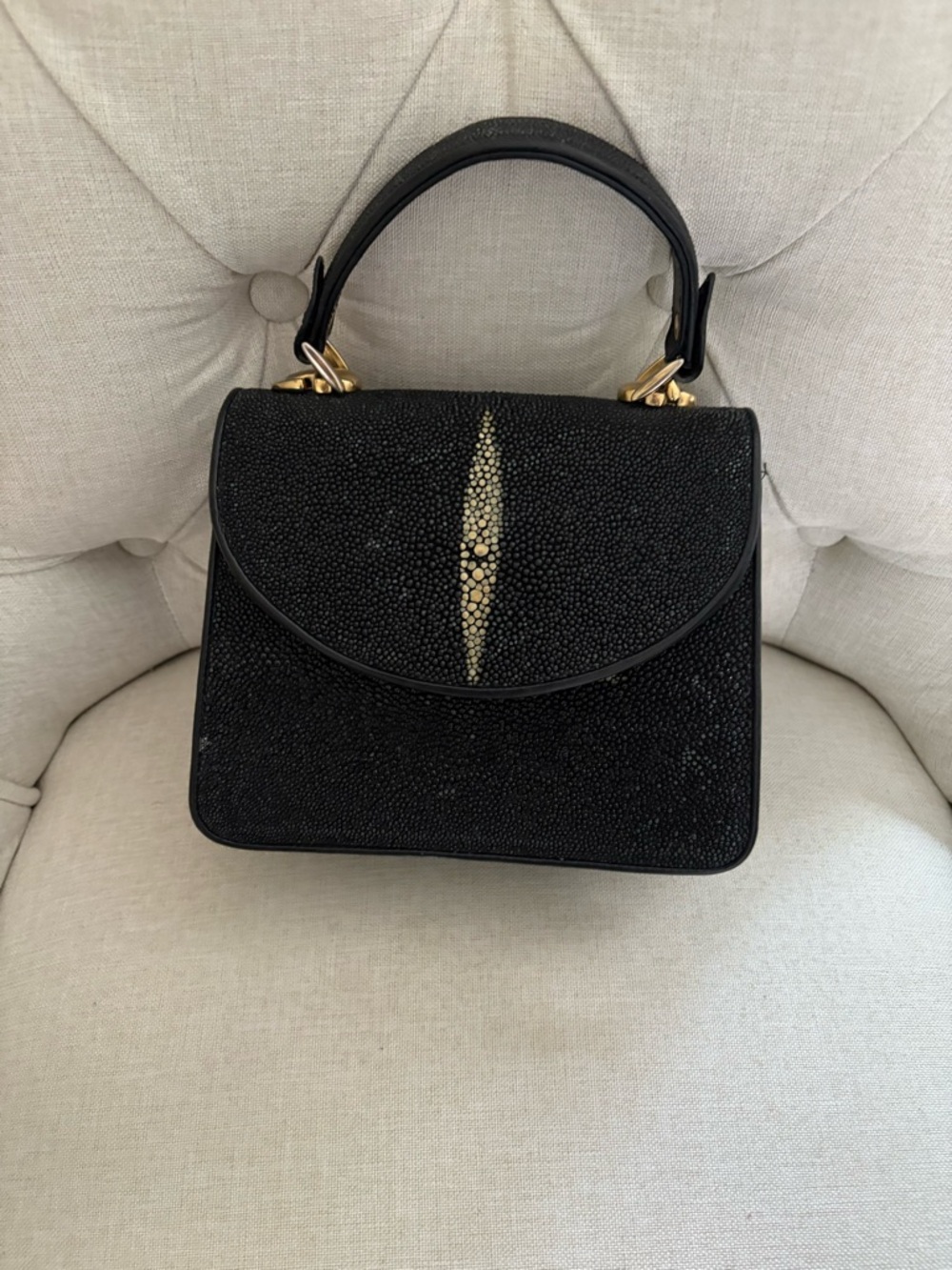 Black Stingray Skin Top Handle Bag with Gold Accent